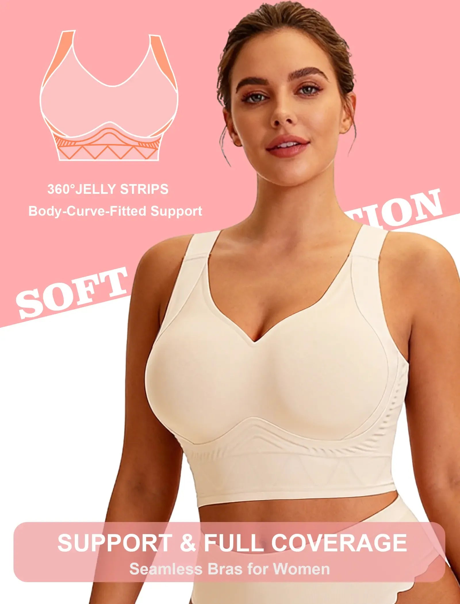 Soft Intention Plus Size Back Fat Smoothing Jelly Bra 7 Row Hooks,  Seamless,Everyday,Push Up