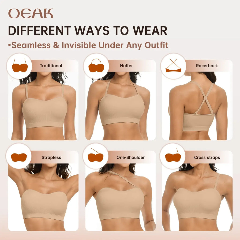 OEAK Women Non-Slip Bandeau Bras With Comfortable Strapless Bra Seamless Wireless Tube Top Soft Wireless Bra