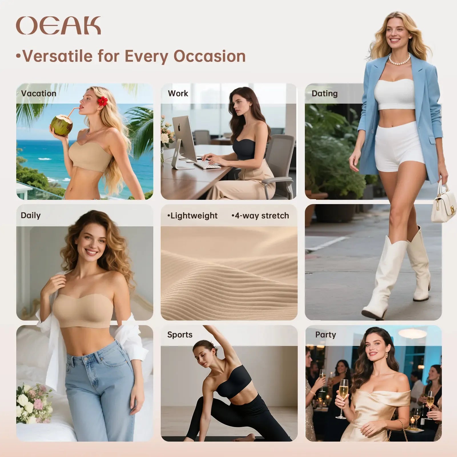 OEAK Women Non-Slip Bandeau Bras With Comfortable Strapless Bra Seamless Wireless Tube Top Soft Wireless Bra