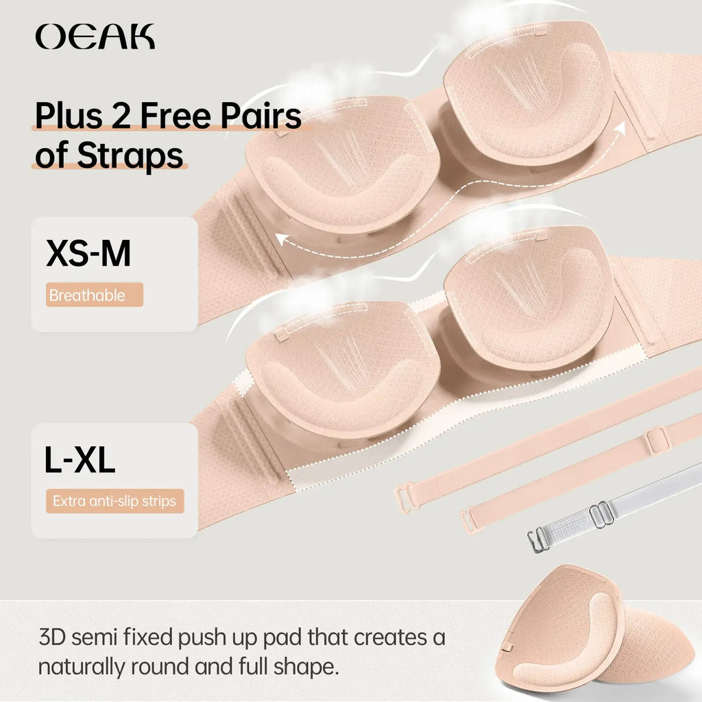 OEAK Womens Strapless Bras Push Up Bandeau Bra Non Slip Wireless Supportive Padded Bras Seamless Comfortable Tube Jelly Bra