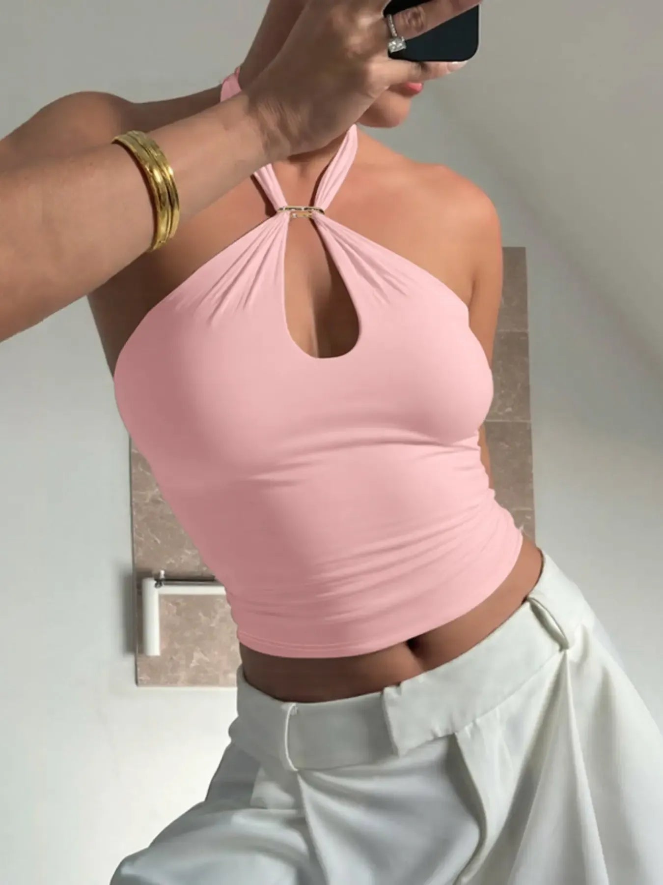 Women's Solid Backless Halter Neck Tank Top, Fashion Casual Sleeveless Top for Daily Outdoor Wear, Ladies Clothes for Summer