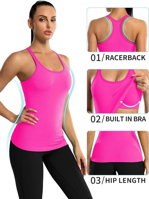 Attraco Ribbed Workout Tank Tops with Built in Bra for Women Tight Racerback Scoop Neck Athletic Top summerwins
