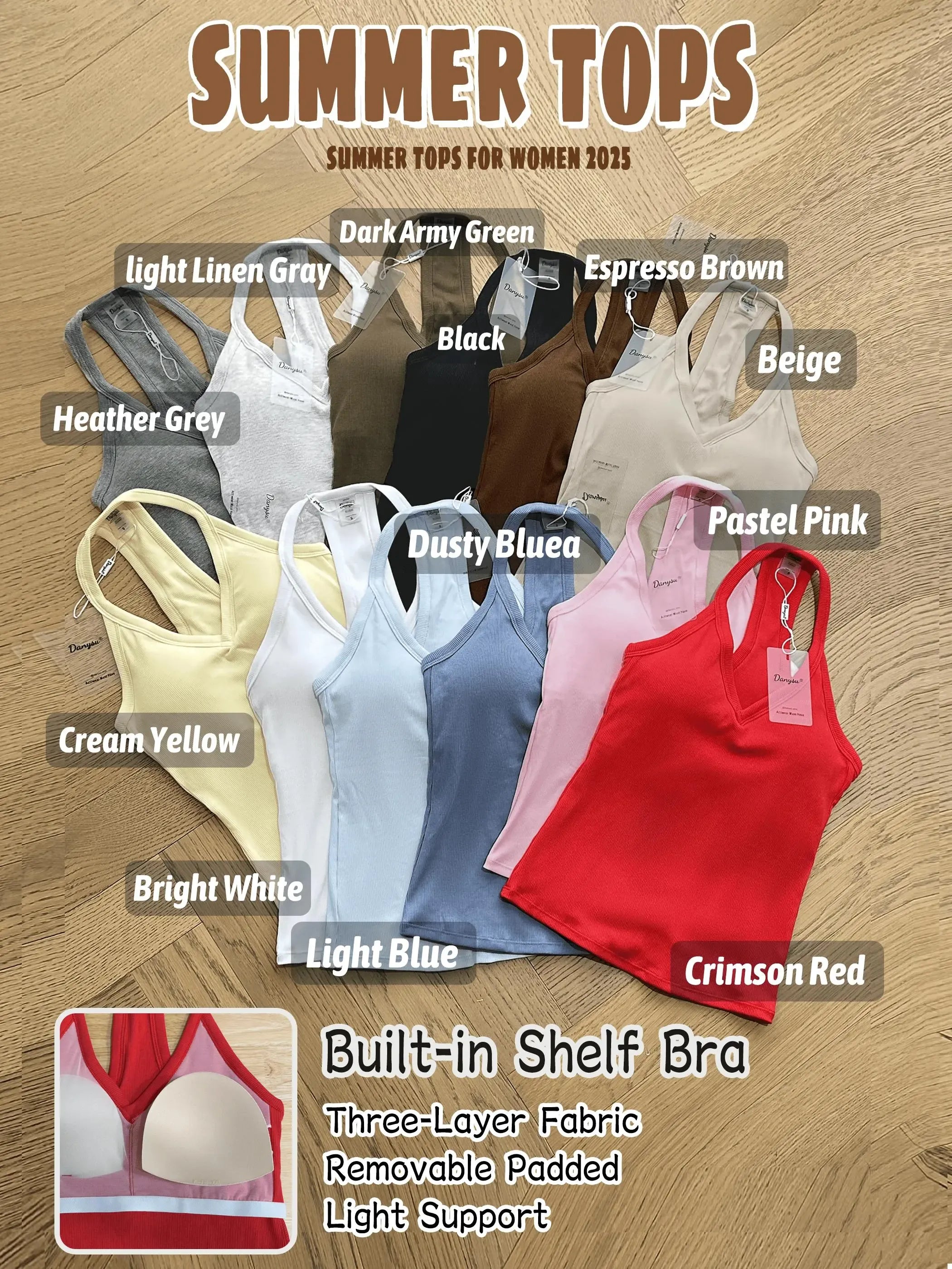 Danysu V Neck Cotton Tank Tops with Built-in Shelf Bra Sleeveless Racerback Fitted Basic Cami Shirts