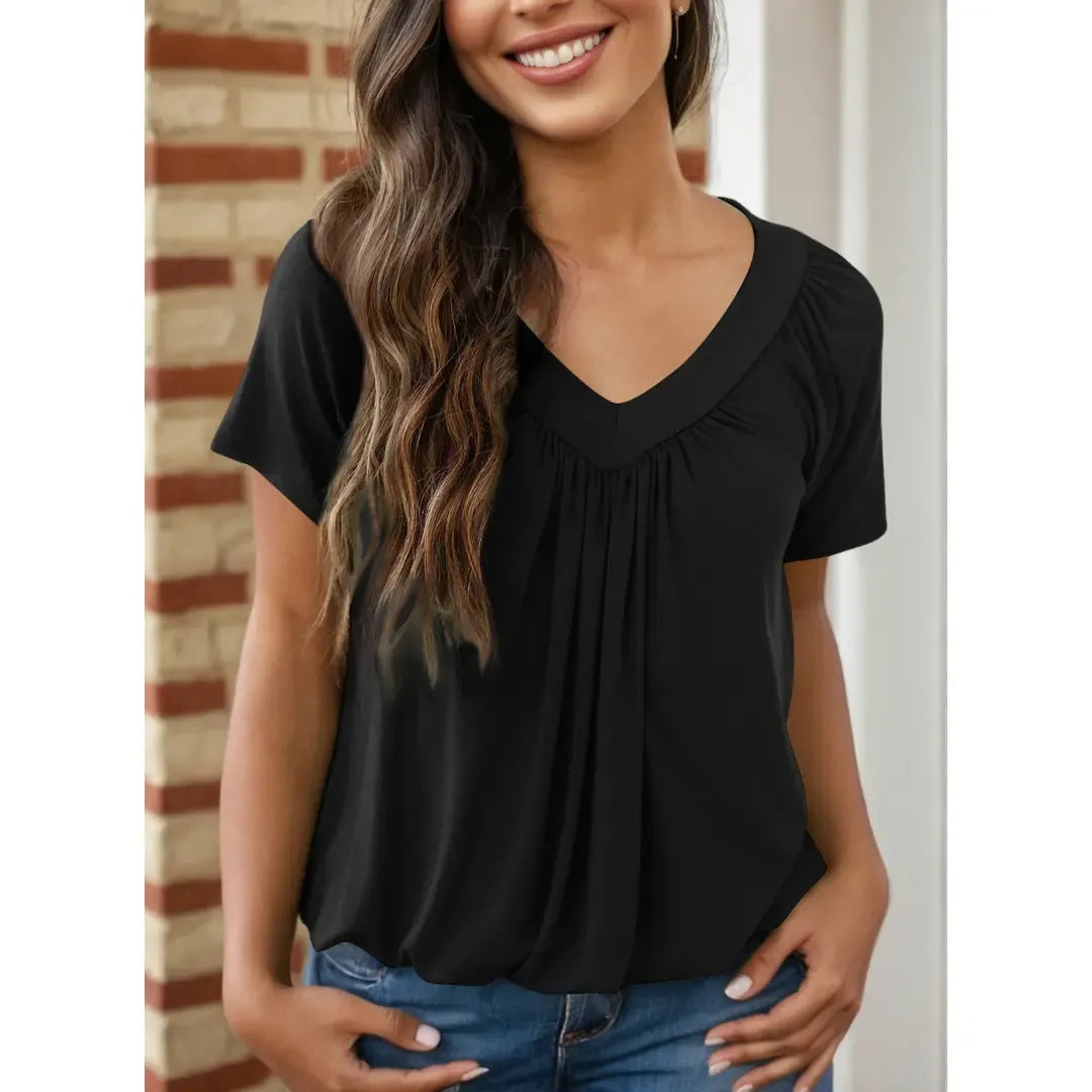 Dokotoo Women's Casual Summer Short Sleeve V Neck Tops T-shirts - Loose Fit & Comfortable Shirring Top
