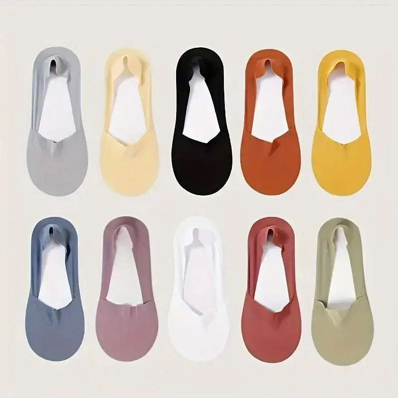 10 Pairs of Women's Invisible Socks - Comfortable, breathable, and sweat-wicking ankle socks with cushioned soles and silicone anti-slip design for enhanced traction and stability. The perfect choice for casual outfits.