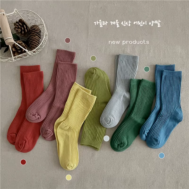 Solid Color Children's Casual Socks Ribbed Boys Girls School Sock Toddlers Ankle Sock Cotton Striped Baby Socken For Kids 1-10Y
