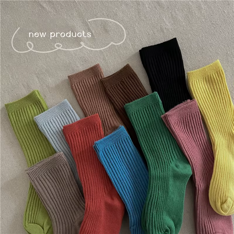 Solid Color Children's Casual Socks Ribbed Boys Girls School Sock Toddlers Ankle Sock Cotton Striped Baby Socken For Kids 1-10Y