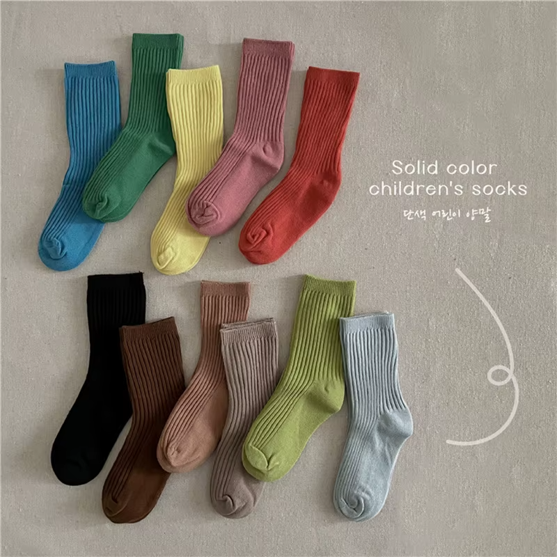 Solid Color Children's Casual Socks Ribbed Boys Girls School Sock Toddlers Ankle Sock Cotton Striped Baby Socken For Kids 1-10Y