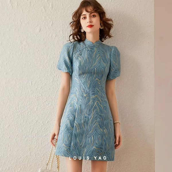 LOUIS YAO Women's Dresses 2026 Stand Collar Frog Button Puff Sleeve Casual Midi Dress Summer Jacquard Texture Dress Elegant