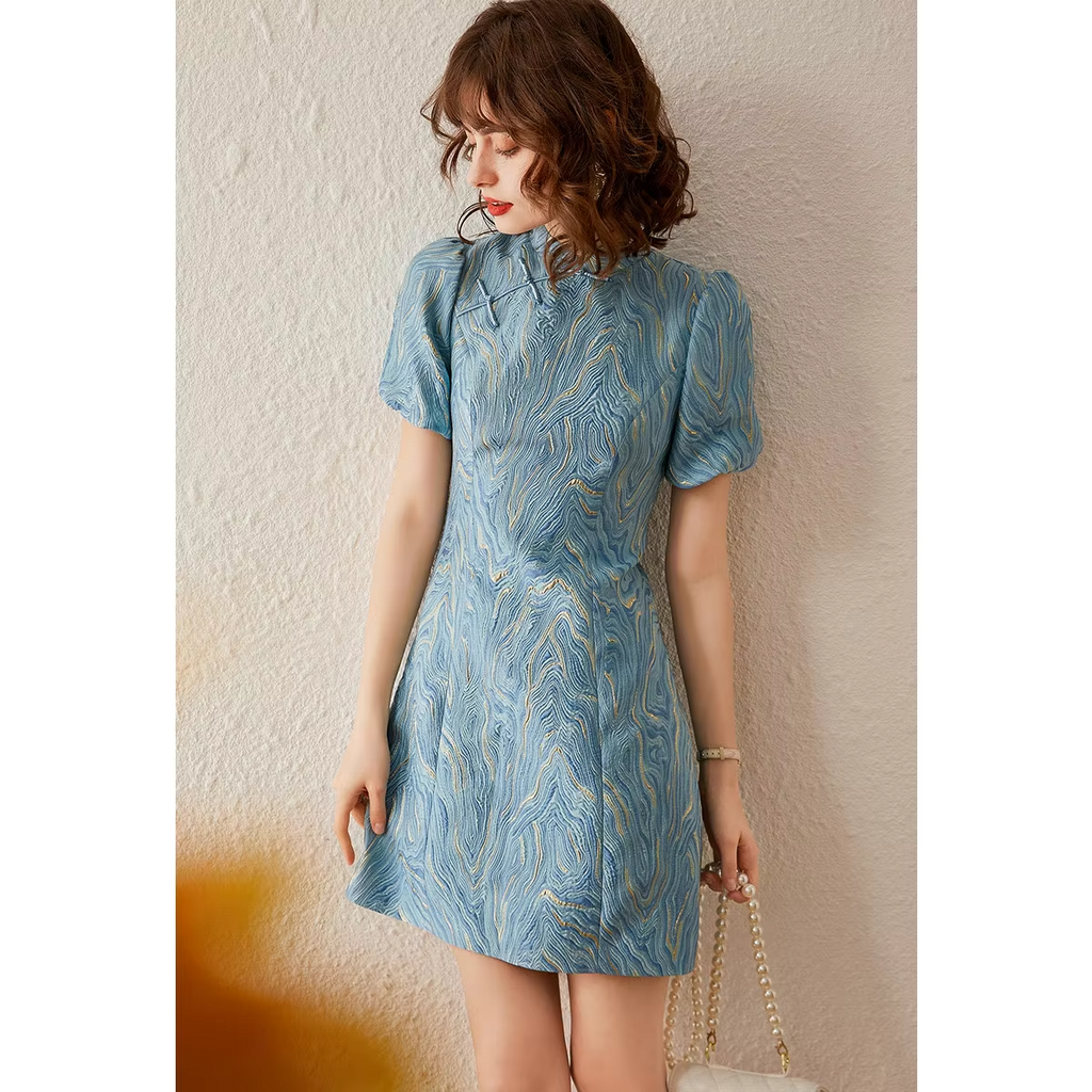 LOUIS YAO Women's Dresses 2026 Stand Collar Frog Button Puff Sleeve Casual Midi Dress Summer Jacquard Texture Dress Elegant
