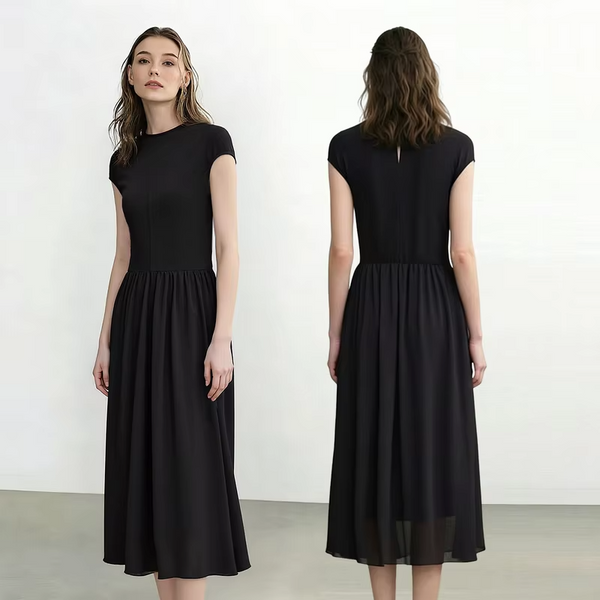 Amii Women's Dress 2026 Summer New Round Neck Chiffon Patchwork Midi Dress Office Casual Short Sleeve Woman Clothing 12622073
