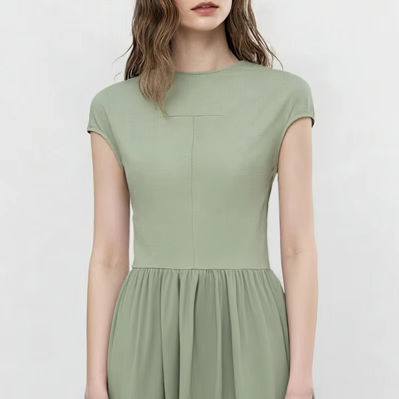 Amii Women's Dress 2026 Summer New Round Neck Chiffon Patchwork Midi Dress Office Casual Short Sleeve Woman Clothing 12622073