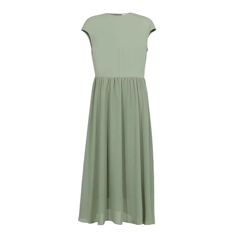 Amii Women's Dress 2026 Summer New Round Neck Chiffon Patchwork Midi Dress Office Casual Short Sleeve Woman Clothing 12622073