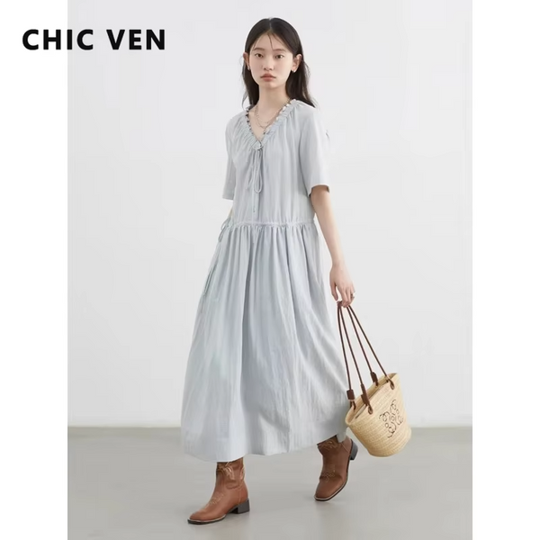 CHIC VEN Women Dresses Blue A Line Solid Short Sleeve Mushroom Lace Waist Adjustable Long Ladies Pullover Dress Summer 2026