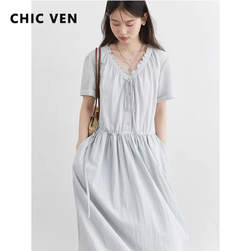 CHIC VEN Women Dresses Blue A Line Solid Short Sleeve Mushroom Lace Waist Adjustable Long Ladies Pullover Dress Summer 2026