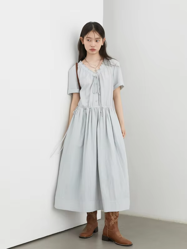 CHIC VEN Women Dresses Blue A Line Solid Short Sleeve Mushroom Lace Waist Adjustable Long Ladies Pullover Dress Summer 2026