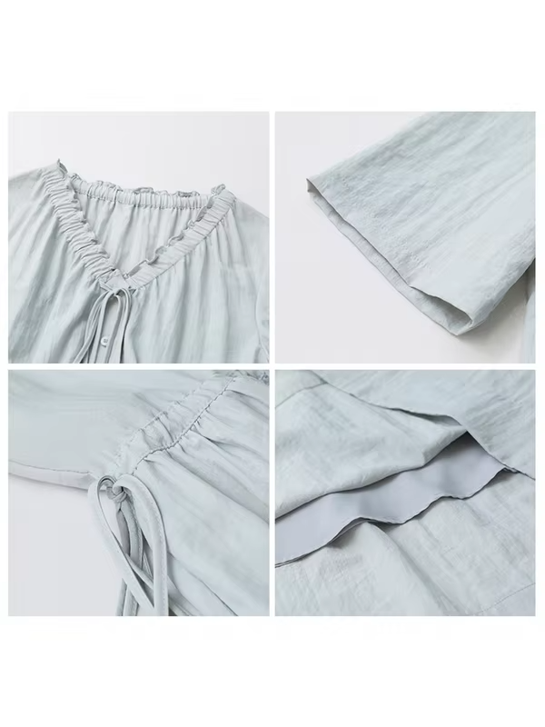 CHIC VEN Women Dresses Blue A Line Solid Short Sleeve Mushroom Lace Waist Adjustable Long Ladies Pullover Dress Summer 2026