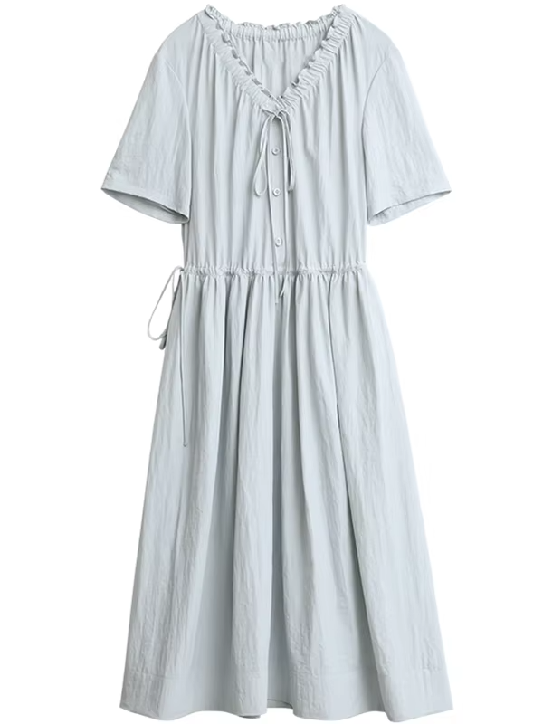 CHIC VEN Women Dresses Blue A Line Solid Short Sleeve Mushroom Lace Waist Adjustable Long Ladies Pullover Dress Summer 2026