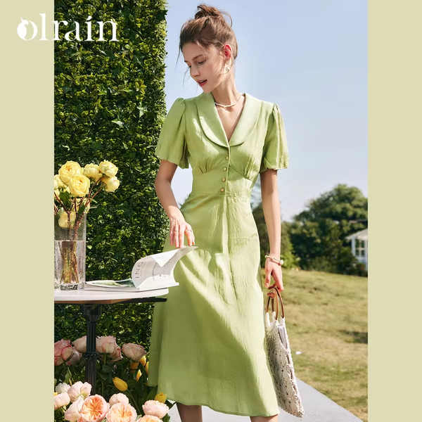 OLrain Light Green Jacquard Long Dresses 2026 Summer Puff Sleeve Peter Pan Collar A-line Button Elegant Womens Dress O22XL56923