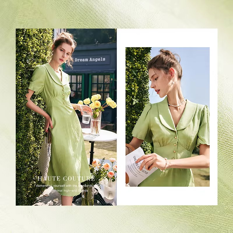 OLrain Light Green Jacquard Long Dresses 2026 Summer Puff Sleeve Peter Pan Collar A-line Button Elegant Womens Dress O22XL56923