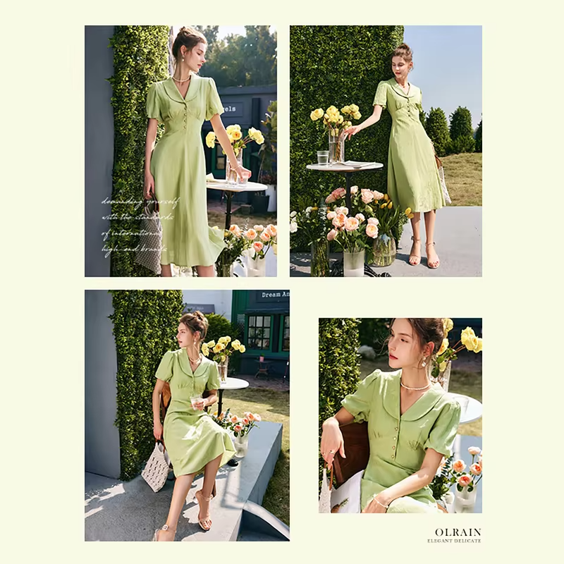 OLrain Light Green Jacquard Long Dresses 2026 Summer Puff Sleeve Peter Pan Collar A-line Button Elegant Womens Dress O22XL56923