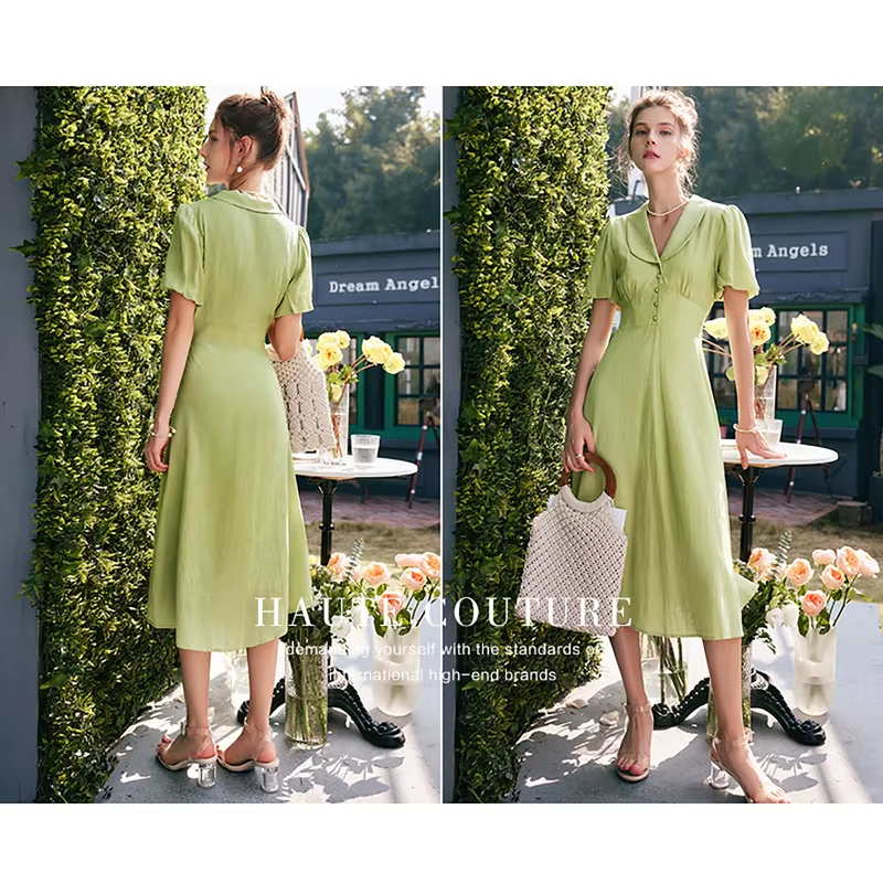 OLrain Light Green Jacquard Long Dresses 2026 Summer Puff Sleeve Peter Pan Collar A-line Button Elegant Womens Dress O22XL56923