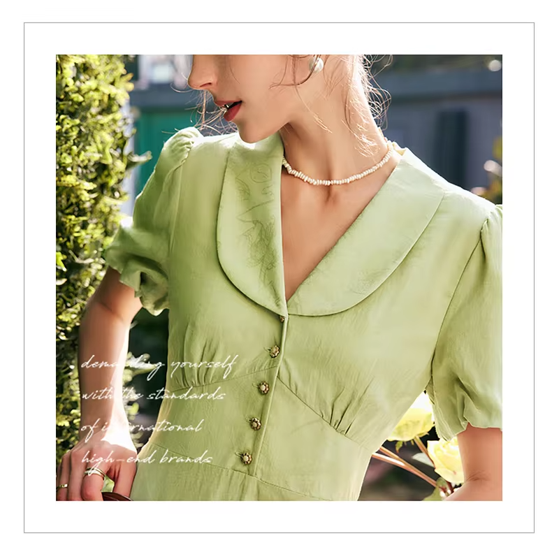 OLrain Light Green Jacquard Long Dresses 2026 Summer Puff Sleeve Peter Pan Collar A-line Button Elegant Womens Dress O22XL56923