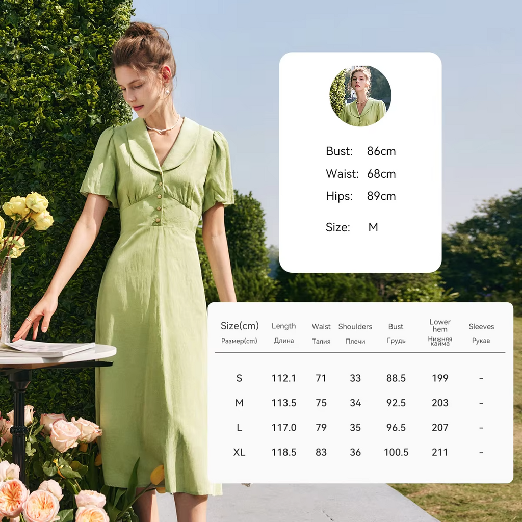 OLrain Light Green Jacquard Long Dresses 2026 Summer Puff Sleeve Peter Pan Collar A-line Button Elegant Womens Dress O22XL56923