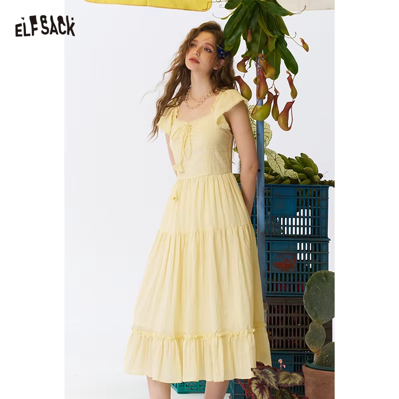 ELFSACK Women's Yellow Square Neck Ruffle Sleeve Maxi Dress, Tiered Ruffle A-Line Long Dress, Casual Sweet Summer Dress