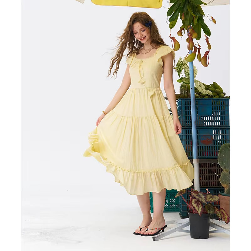 ELFSACK Women's Yellow Square Neck Ruffle Sleeve Maxi Dress, Tiered Ruffle A-Line Long Dress, Casual Sweet Summer Dress
