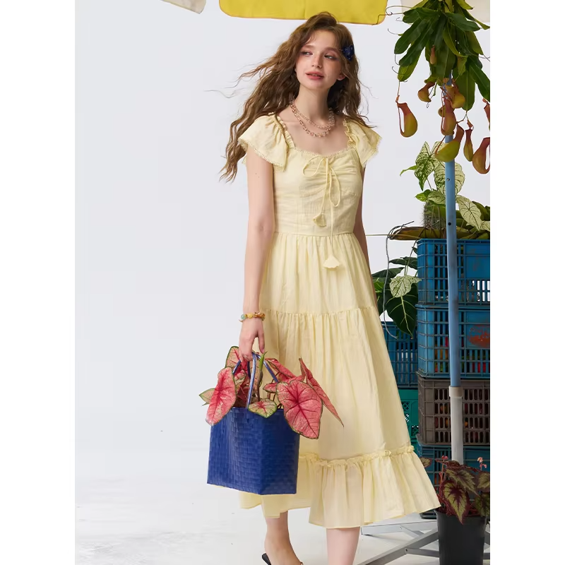 ELFSACK Women's Yellow Square Neck Ruffle Sleeve Maxi Dress, Tiered Ruffle A-Line Long Dress, Casual Sweet Summer Dress
