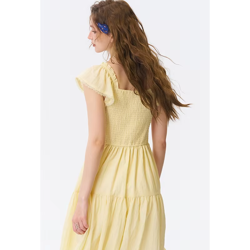 ELFSACK Women's Yellow Square Neck Ruffle Sleeve Maxi Dress, Tiered Ruffle A-Line Long Dress, Casual Sweet Summer Dress