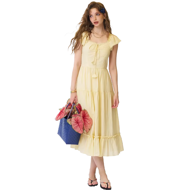 ELFSACK Women's Yellow Square Neck Ruffle Sleeve Maxi Dress, Tiered Ruffle A-Line Long Dress, Casual Sweet Summer Dress