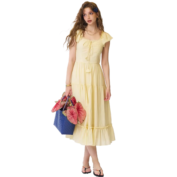 ELFSACK Women's Yellow Square Neck Ruffle Sleeve Maxi Dress, Tiered Ruffle A-Line Long Dress, Casual Sweet Summer Dress