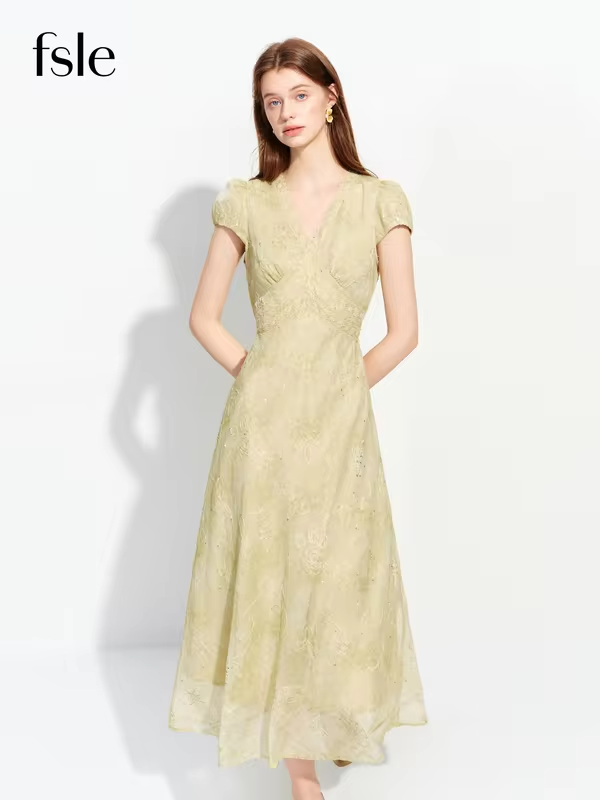 FSLE 2026 Summer French-Inspired Tea-Length V-Neck Dress with Sequin Lace Embroidery & Waist-Defining Fit - Elegant Occasions