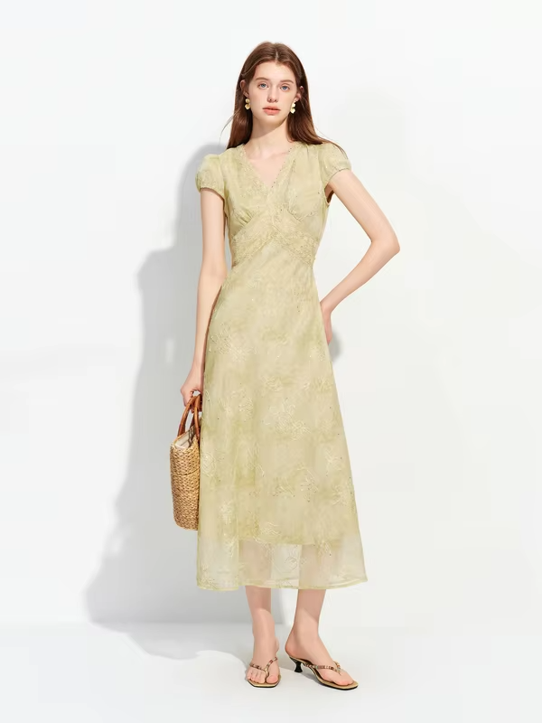 FSLE 2026 Summer French-Inspired Tea-Length V-Neck Dress with Sequin Lace Embroidery & Waist-Defining Fit - Elegant Occasions