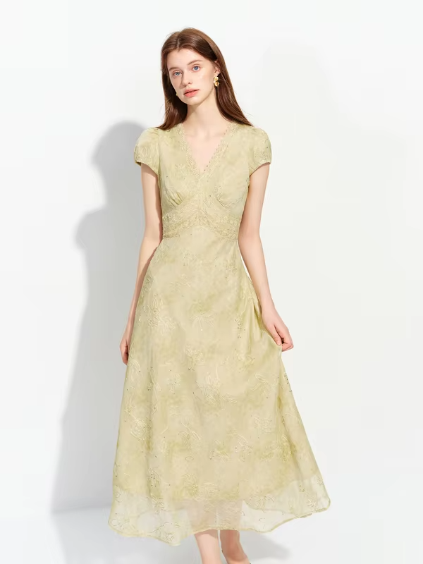 FSLE 2026 Summer French-Inspired Tea-Length V-Neck Dress with Sequin Lace Embroidery & Waist-Defining Fit - Elegant Occasions