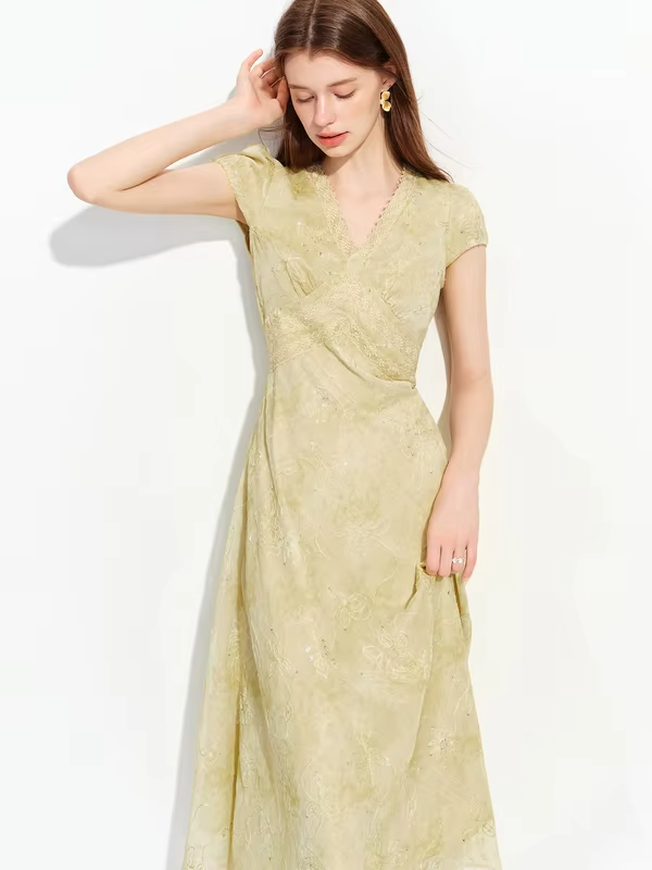 FSLE 2026 Summer French-Inspired Tea-Length V-Neck Dress with Sequin Lace Embroidery & Waist-Defining Fit - Elegant Occasions