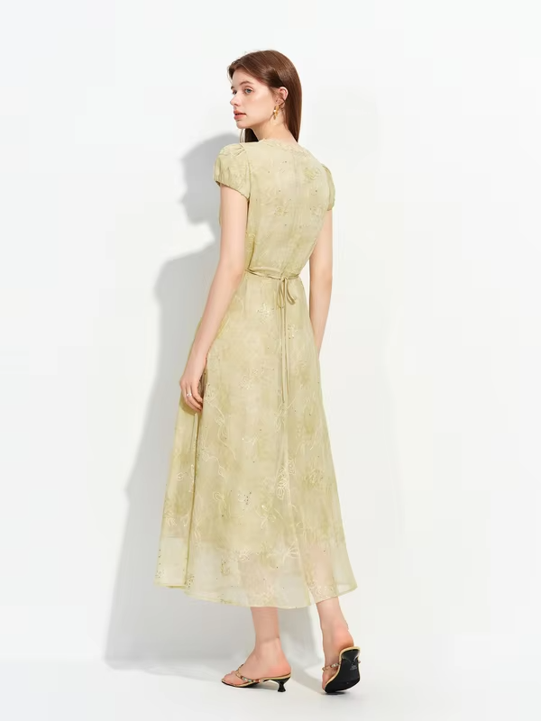 FSLE 2026 Summer French-Inspired Tea-Length V-Neck Dress with Sequin Lace Embroidery & Waist-Defining Fit - Elegant Occasions