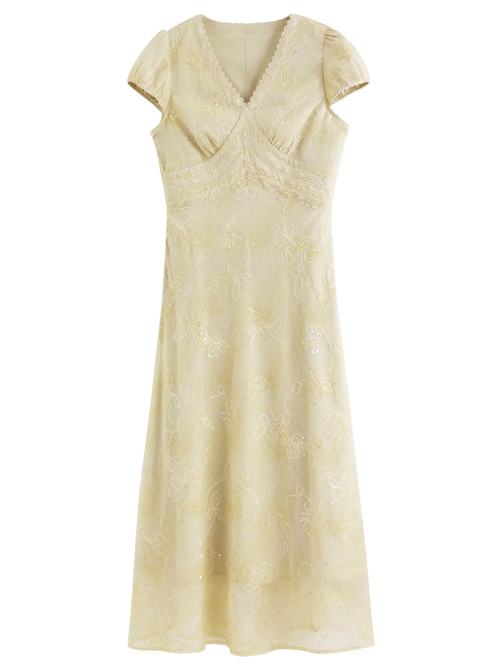 FSLE 2026 Summer French-Inspired Tea-Length V-Neck Dress with Sequin Lace Embroidery & Waist-Defining Fit - Elegant Occasions