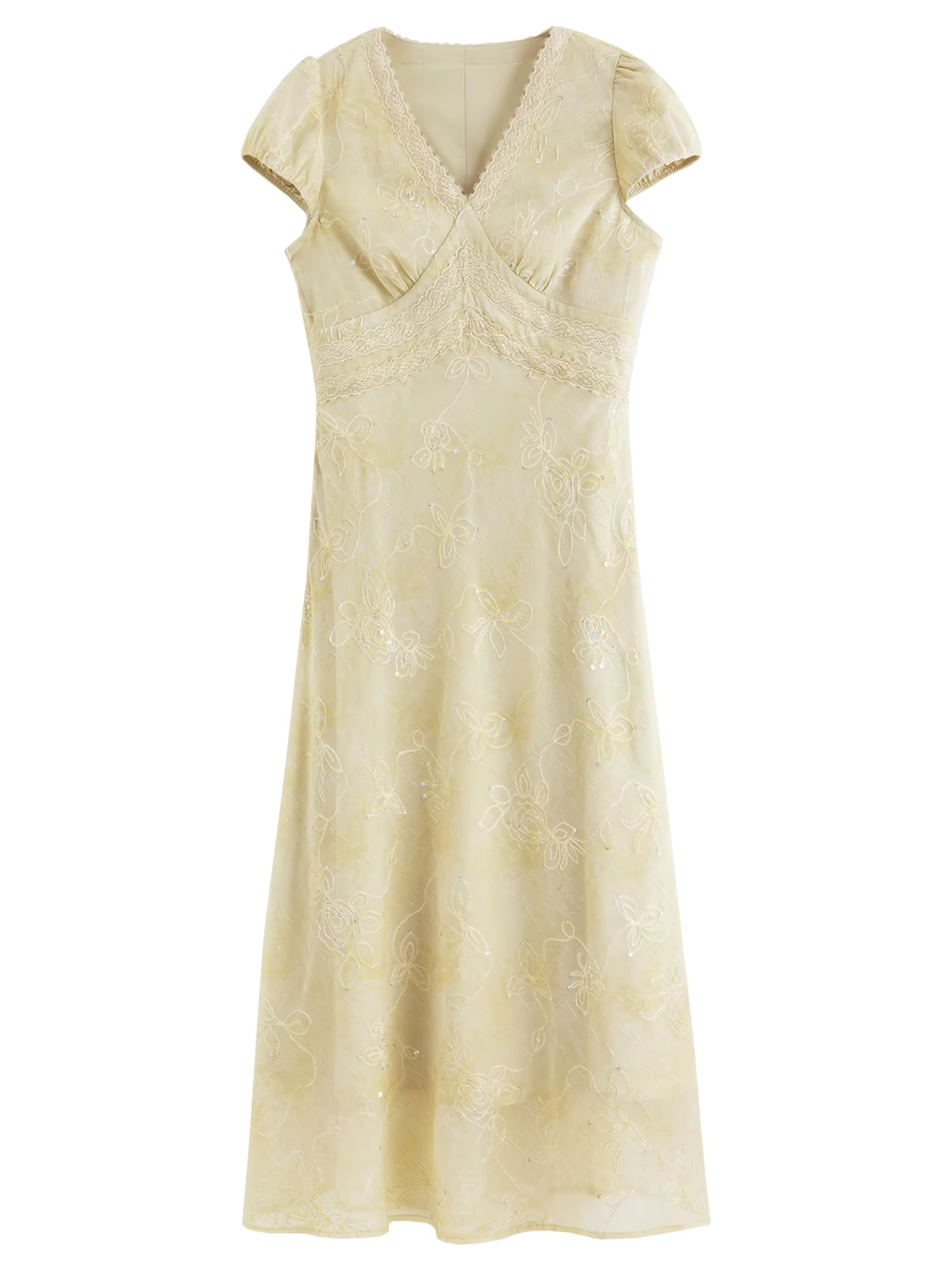 FSLE 2026 Summer French-Inspired Tea-Length V-Neck Dress with Sequin Lace Embroidery & Waist-Defining Fit - Elegant Occasions