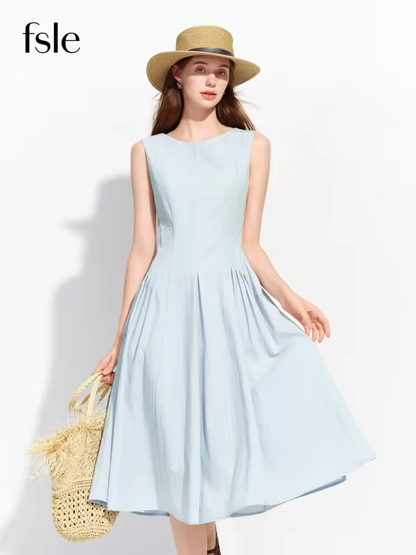 FSLE Women's 2026 Summer New Arrival Sleeveless Tank Dress White Round Neck Slim Fit Pleated A-Line Dating Dress Cotton Contain