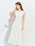 FSLE Women's 2026 Summer New Arrival Sleeveless Tank Dress White Round Neck Slim Fit Pleated A-Line Dating Dress Cotton Contain