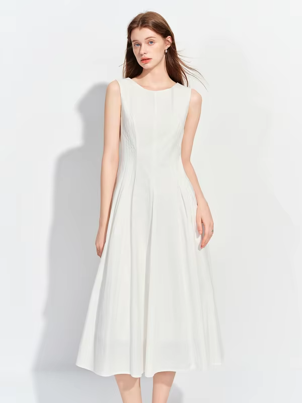 FSLE Women's 2026 Summer New Arrival Sleeveless Tank Dress White Round Neck Slim Fit Pleated A-Line Dating Dress Cotton Contain