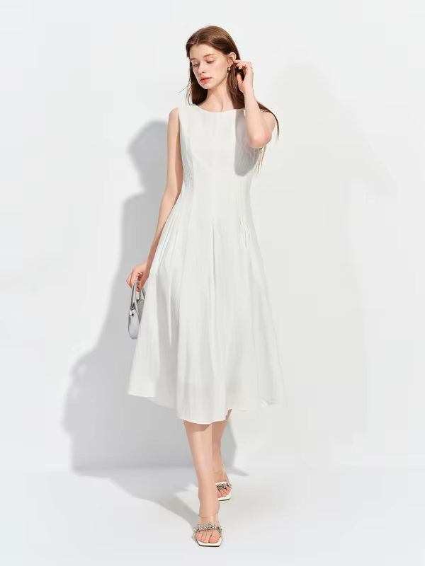 FSLE Women's 2026 Summer New Arrival Sleeveless Tank Dress White Round Neck Slim Fit Pleated A-Line Dating Dress Cotton Contain