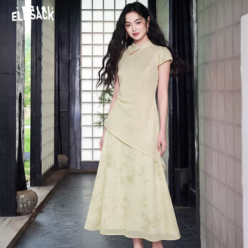 ELFSACK Women's Chinese Style Maxi Dress, Mandarin Collar Short Sleeve Asymmetric Layered Dress, Elegant Vintage Style Bodycon L