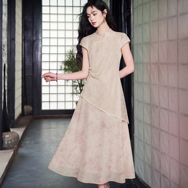 ELFSACK Women's Chinese Style Maxi Dress, Mandarin Collar Short Sleeve Asymmetric Layered Dress, Elegant Vintage Style Bodycon L