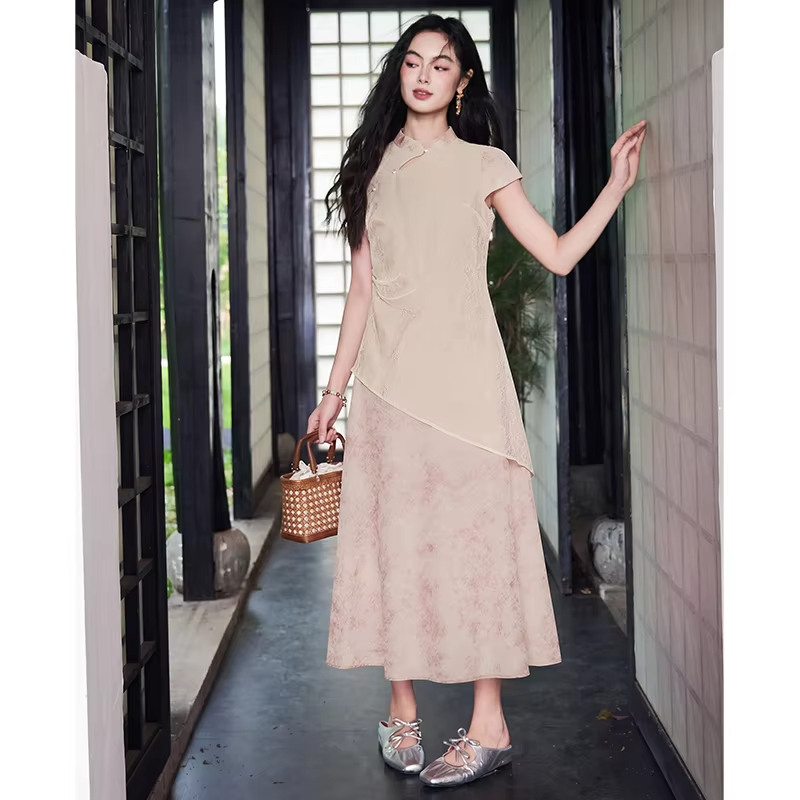 ELFSACK Women's Chinese Style Maxi Dress, Mandarin Collar Short Sleeve Asymmetric Layered Dress, Elegant Vintage Style Bodycon L