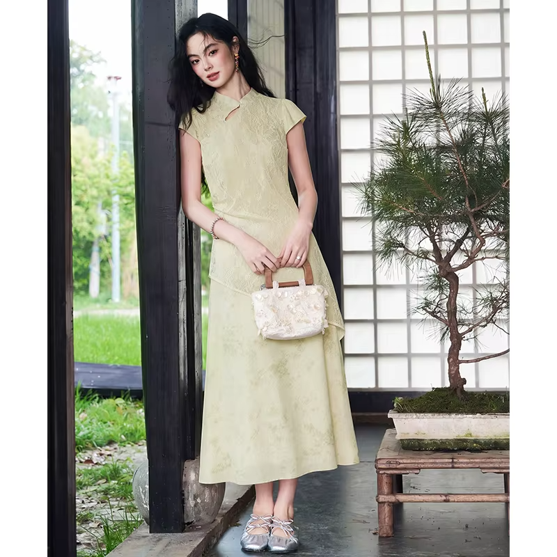 ELFSACK Women's Chinese Style Maxi Dress, Mandarin Collar Short Sleeve Asymmetric Layered Dress, Elegant Vintage Style Bodycon L