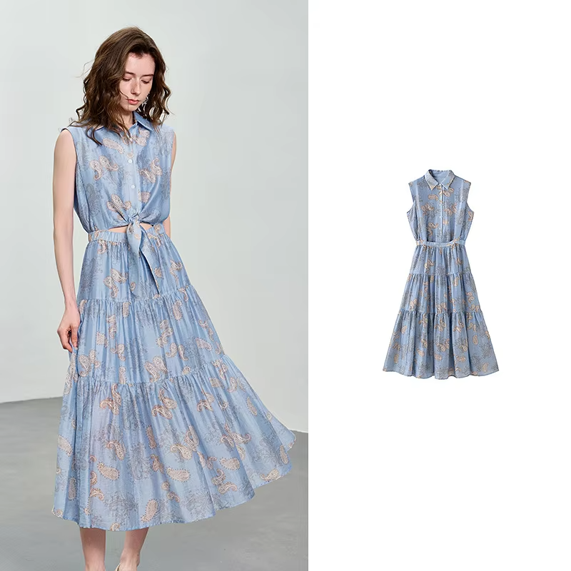 TOYOUTH Women Dress 2026 Summer New Blue Paisley Print Vintage Tank High Waist Tiered Cake Trendy Dresses